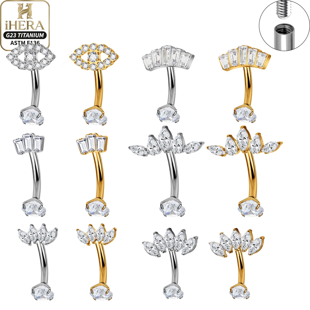 Rook Curved Barbell - Classic Basic G23 Titanium Sparkly CZ