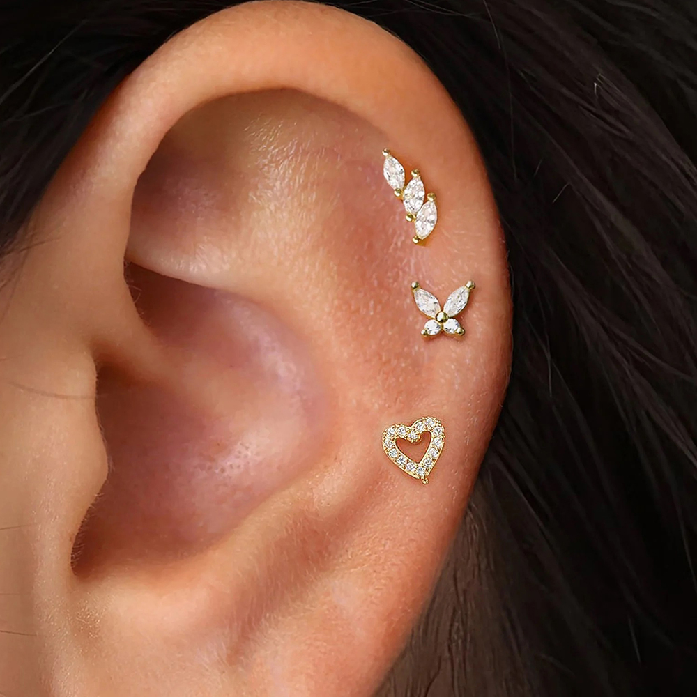 Body Jewelry Kit - 3PCS Gold Plated Heart Butterfly Stud